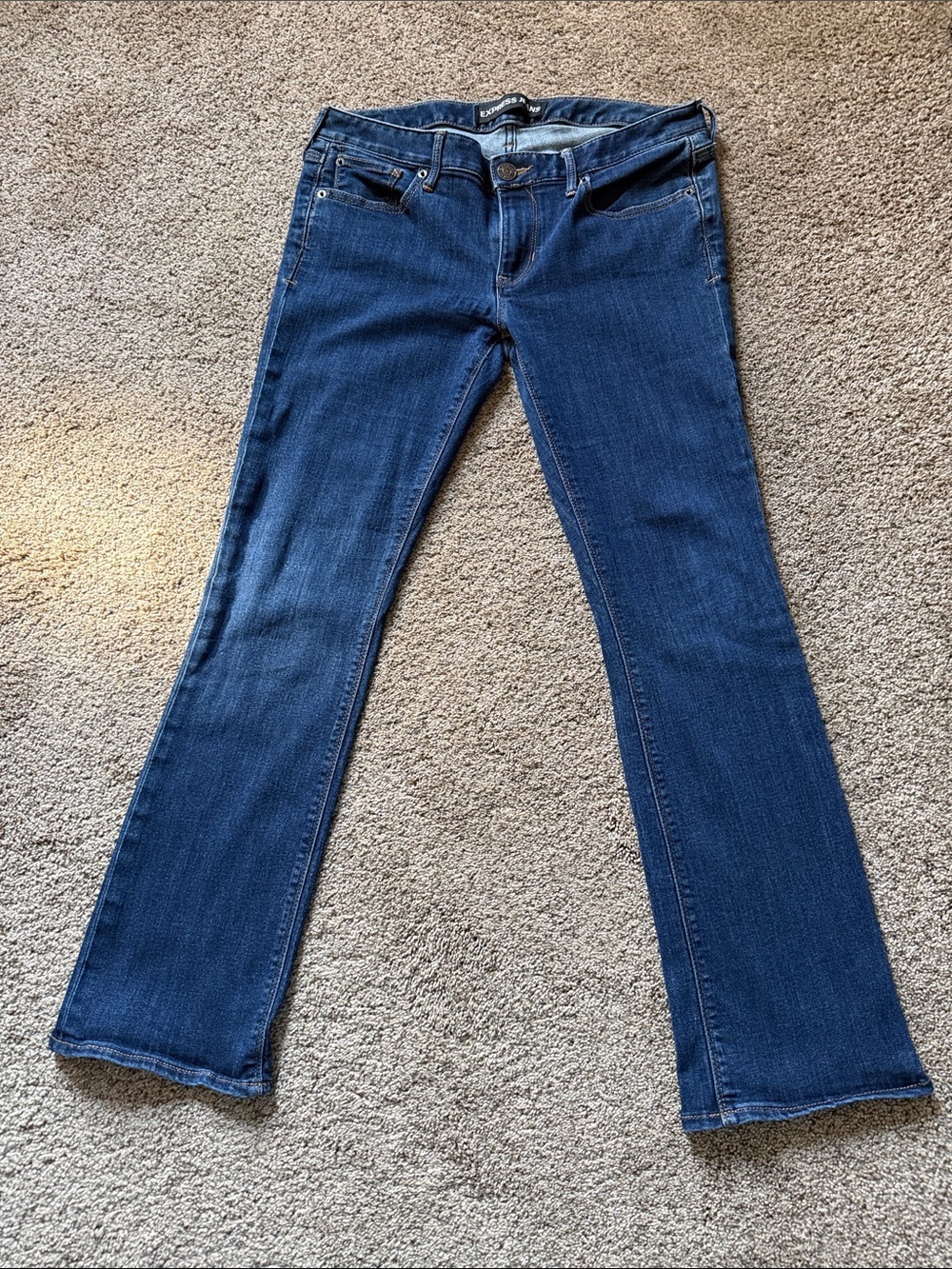Express Women's Flare Jeans in Dark Blue Denim